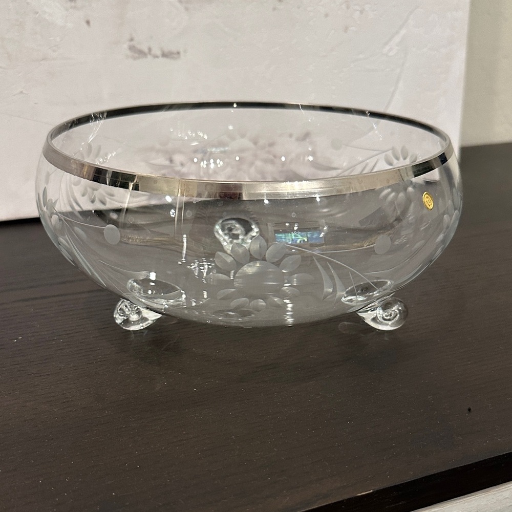 Vintage Clear Glass 3 Footed Bowl Silver Trim Etched Floral Design Hungary